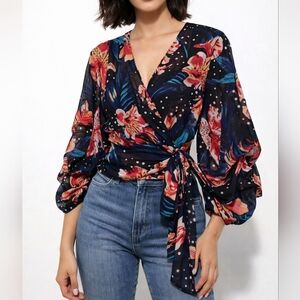 Live 4 Truth Floral Tie Wrap Sheer Blouse Puff Sleeve Black Boho Beach Coastal